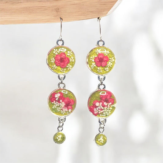 Groovy Green Colored Mica Powder Dangle Earrings with Red Plum Blossoms and Queen Anne’s Lace