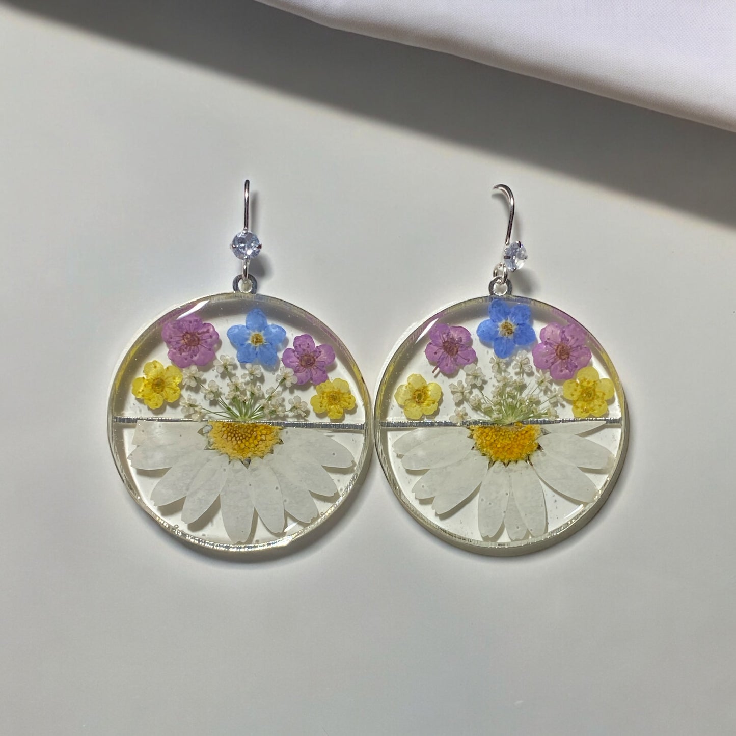 Daisies with Queen Anne’s Lace Blue Forget-Me-Nots and Plum Blossom Earrings