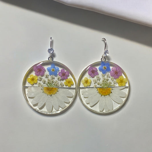 Daisies with Queen Anne’s Lace Blue Forget-Me-Nots and Plum Blossom Earrings