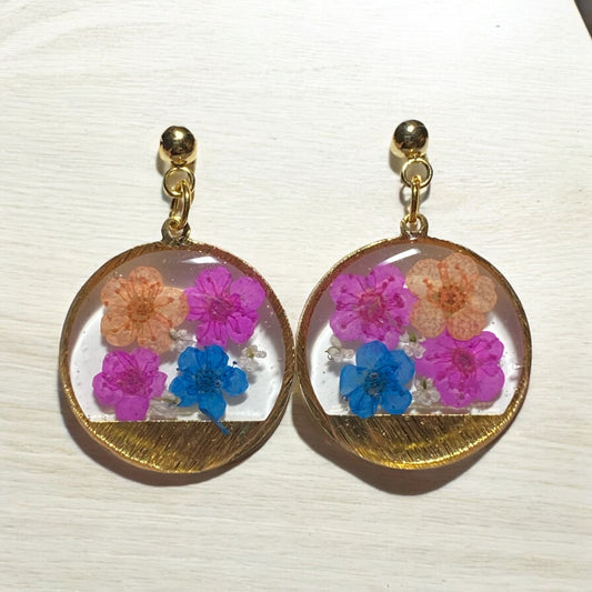 Pink, Orange and Blue Plum Blossoms with pieces of Queen Anne’s Lace