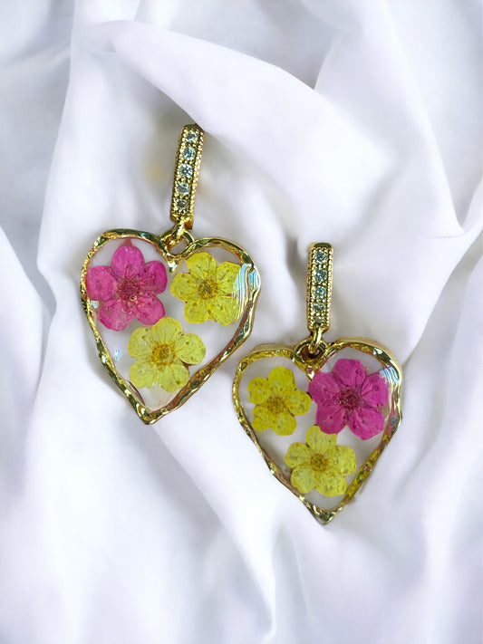 Hot Pink and Yellow Plum Blossom Flower Earrings
