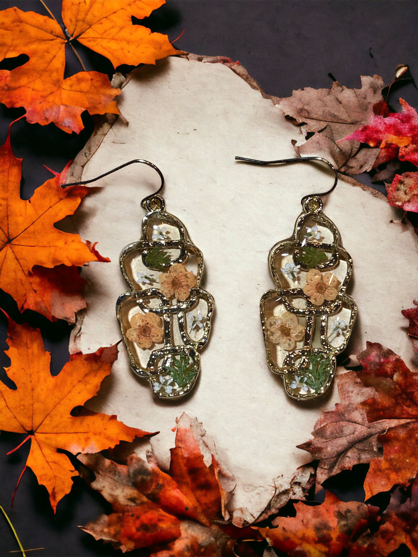 Orange Plum Blossoms with  dried Fern and White Queens Anne’s Lace Earrings