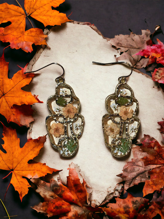 Orange Plum Blossoms with  dried Fern and White Queens Anne’s Lace Earrings