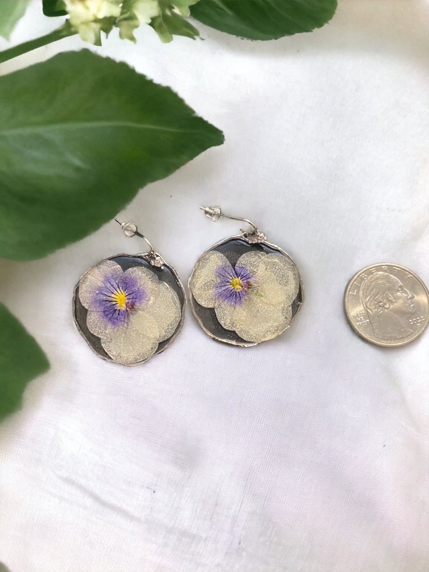 White and Purple Pansy Earrings