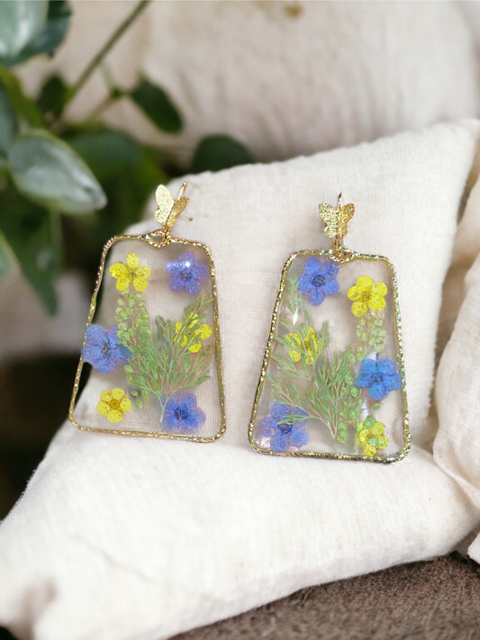 Blue Forget-Me-Not’s with Yellow Plum Blossoms and Dry Pressed Persian Garden Cress Earrings