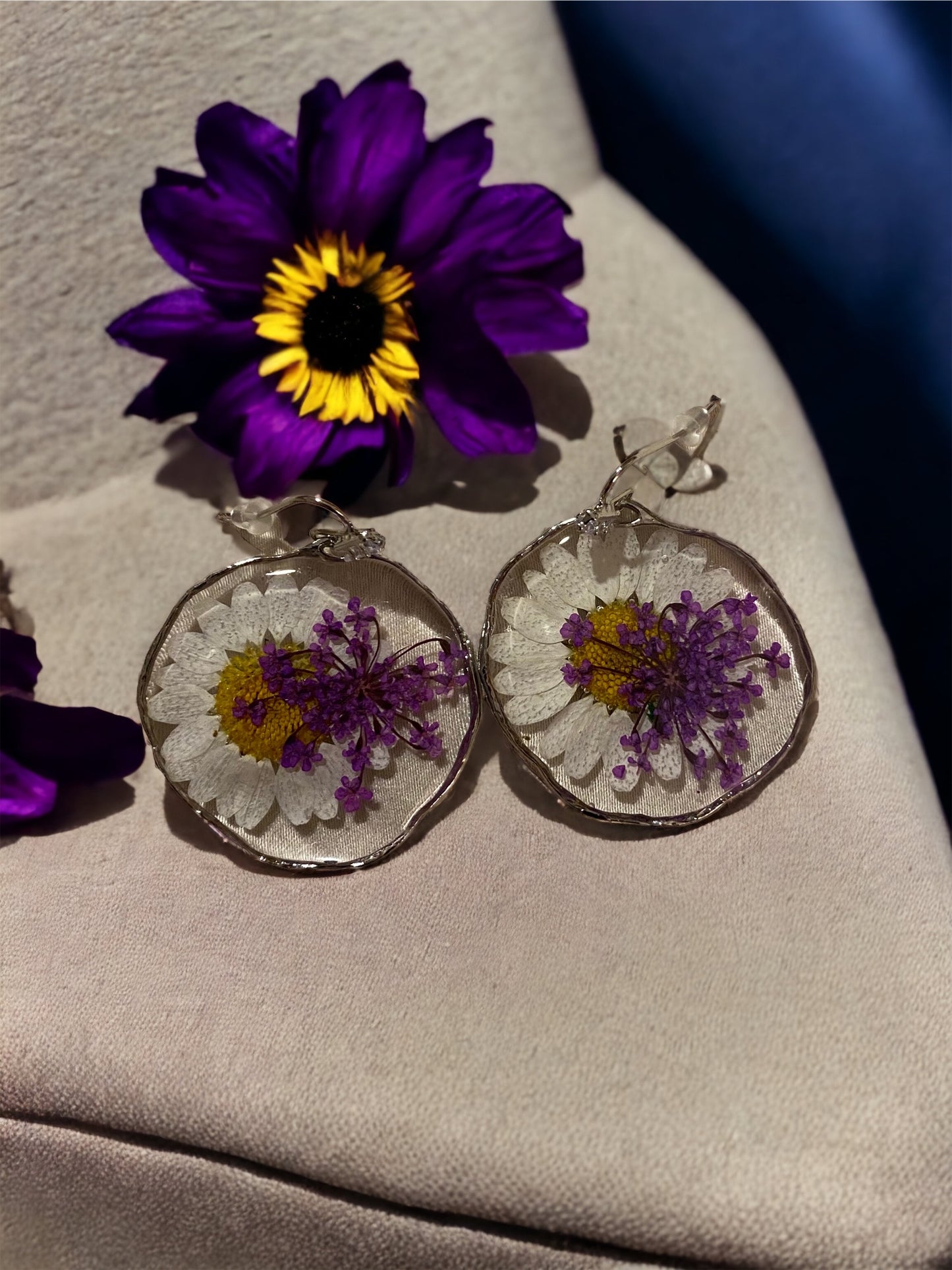 Daisy and Purple Queen Anne’s Lace Earrings