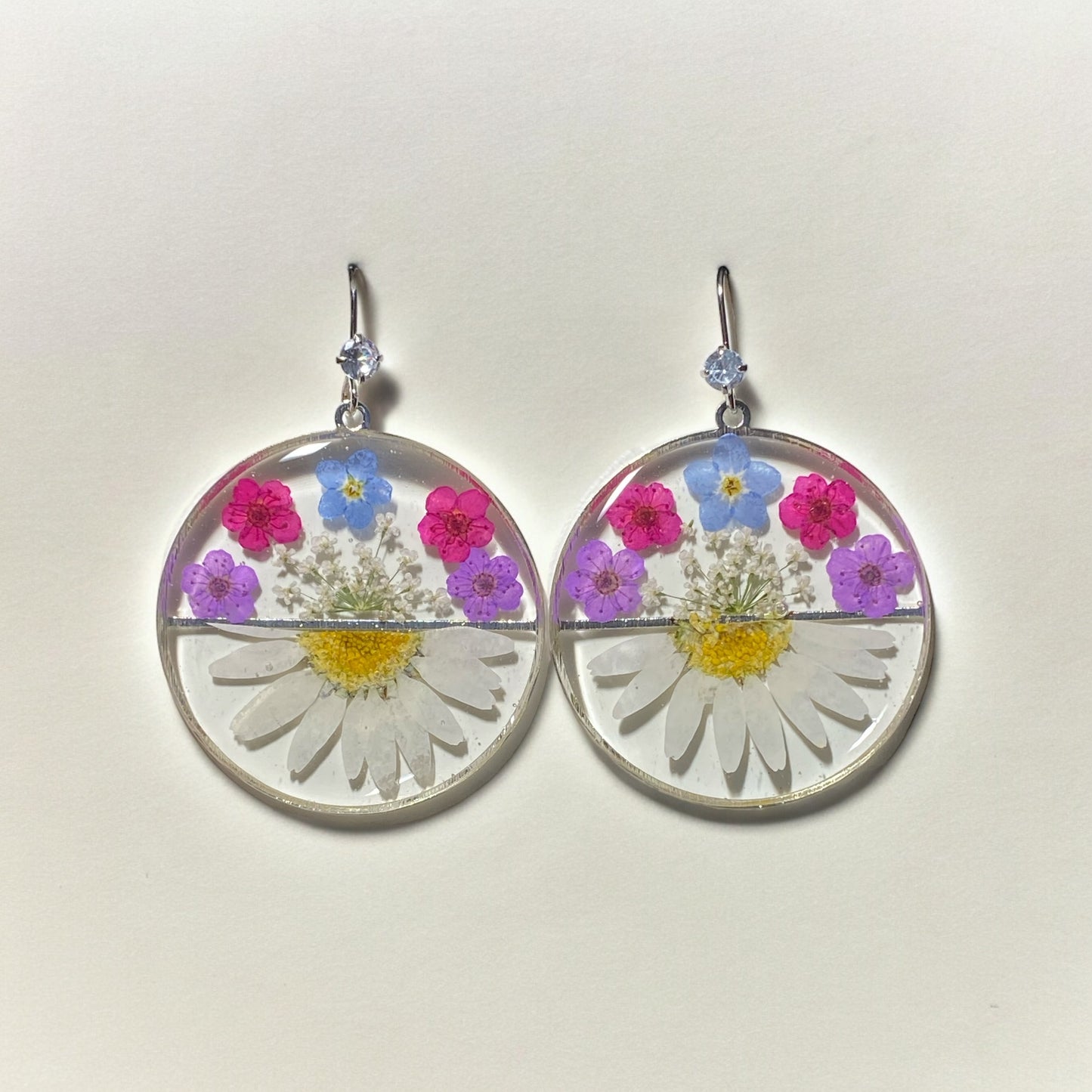 Daisies with Queen Anne’s Lace, Blue Forget-Me-Nots and Plum Blossom Earrings