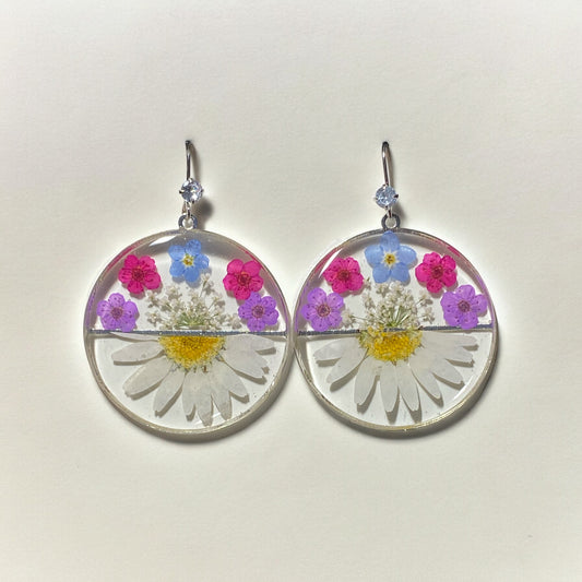 Daisies with Queen Anne’s Lace, Blue Forget-Me-Nots and Plum Blossom Earrings