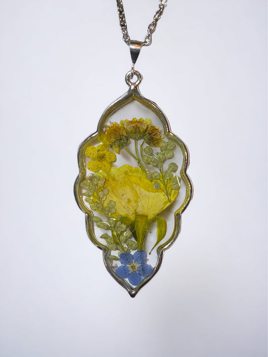 Yellow Rose, Dry Pressed Persian Garden Cress  with Blue Forget-Me-Not’s and Yellow Plum Blossom Necklace