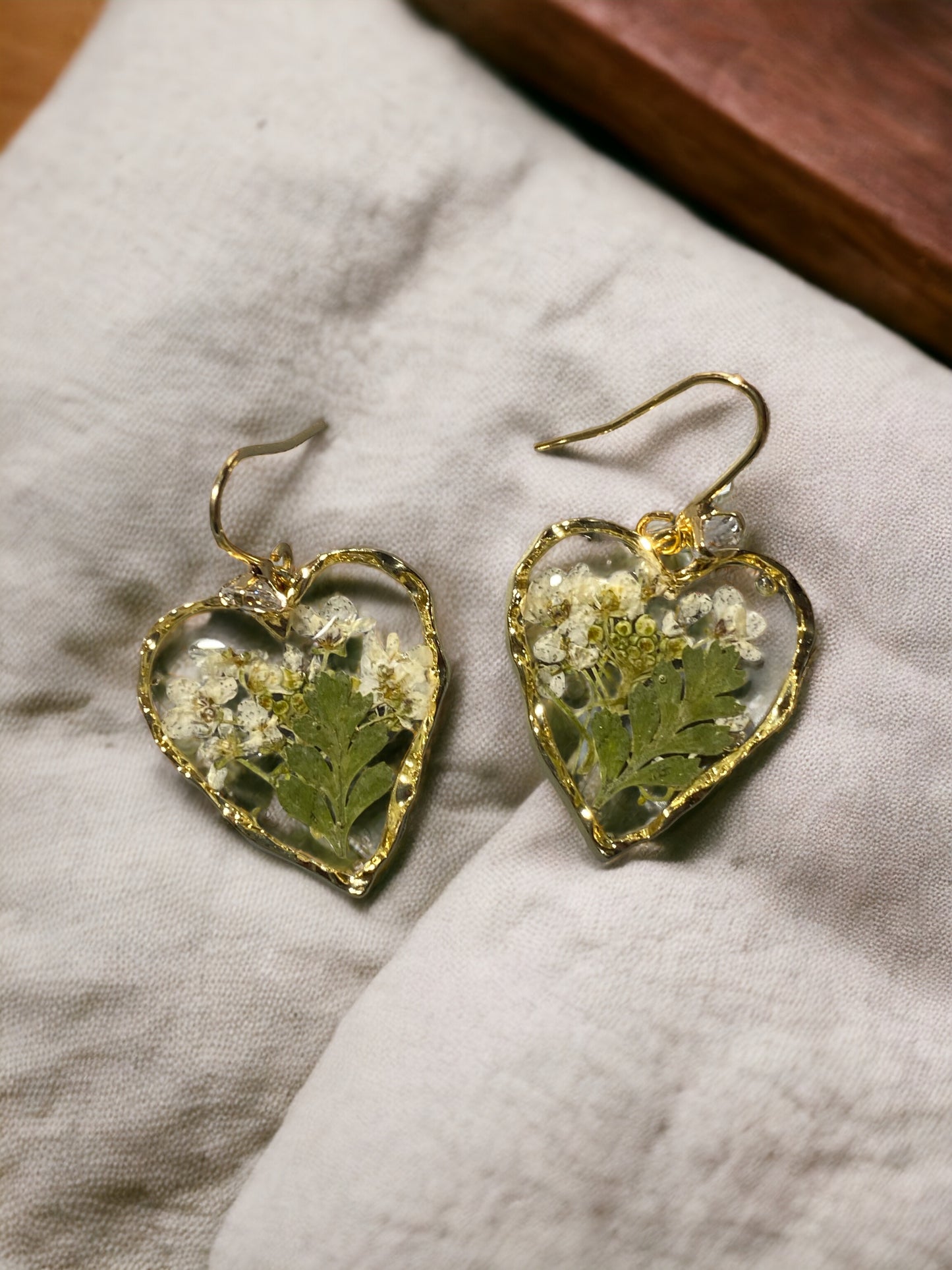 White Flowers with Dry Pressed Fern Earrings
