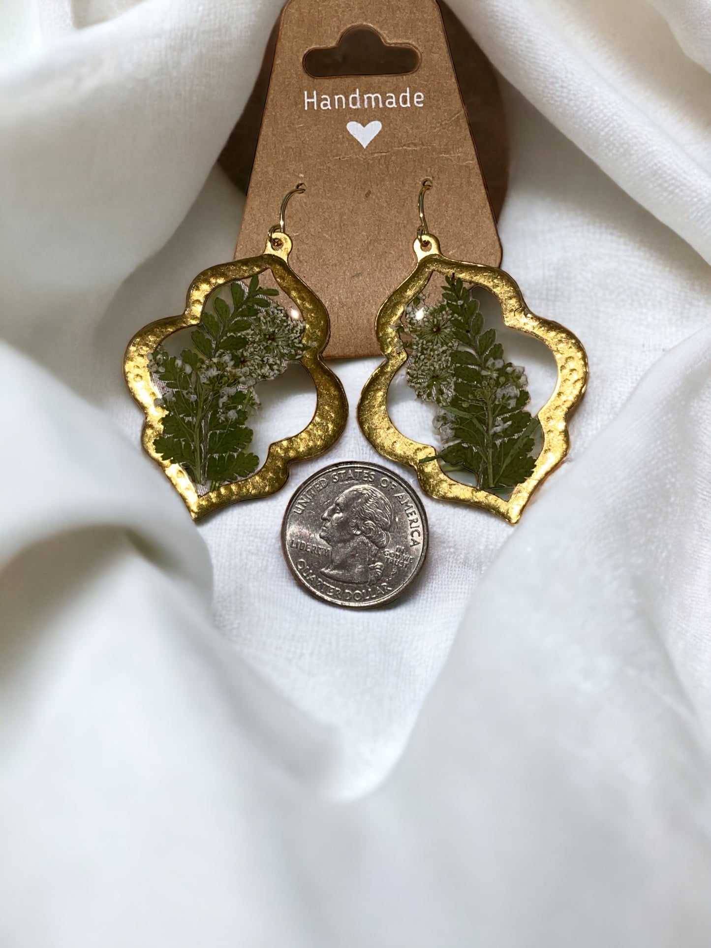 Dry Pressed Queen Anne’s Lace with Dry Pressed Fern set in a Brass Bezel