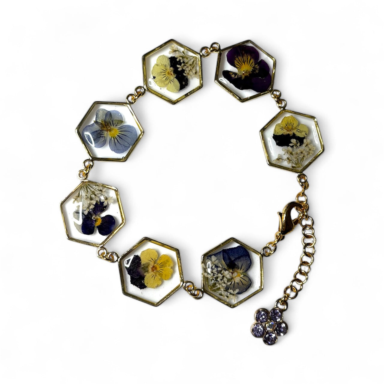 Gold Colored Bracelet with Mini Pansies, Queen Anne’s Lace and a Purple Flower Gemstone Charm