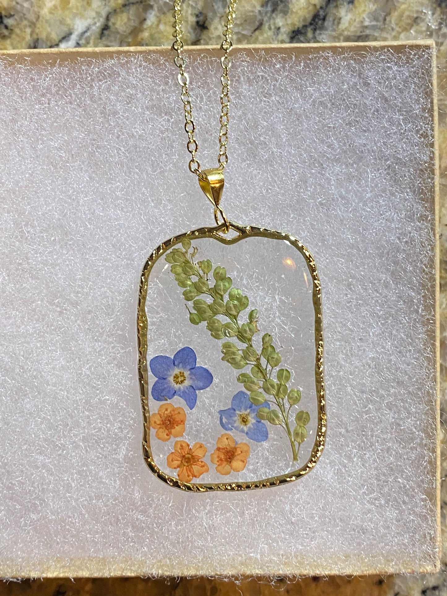 Pepperweed with Blue Forget-Me-Not’s and Orange Plum Blossom flower Necklace
