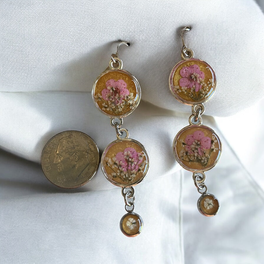 Gold Mica Powder Dangle Earrings with Pink Plum Blossoms and Queen Anne’s Lace