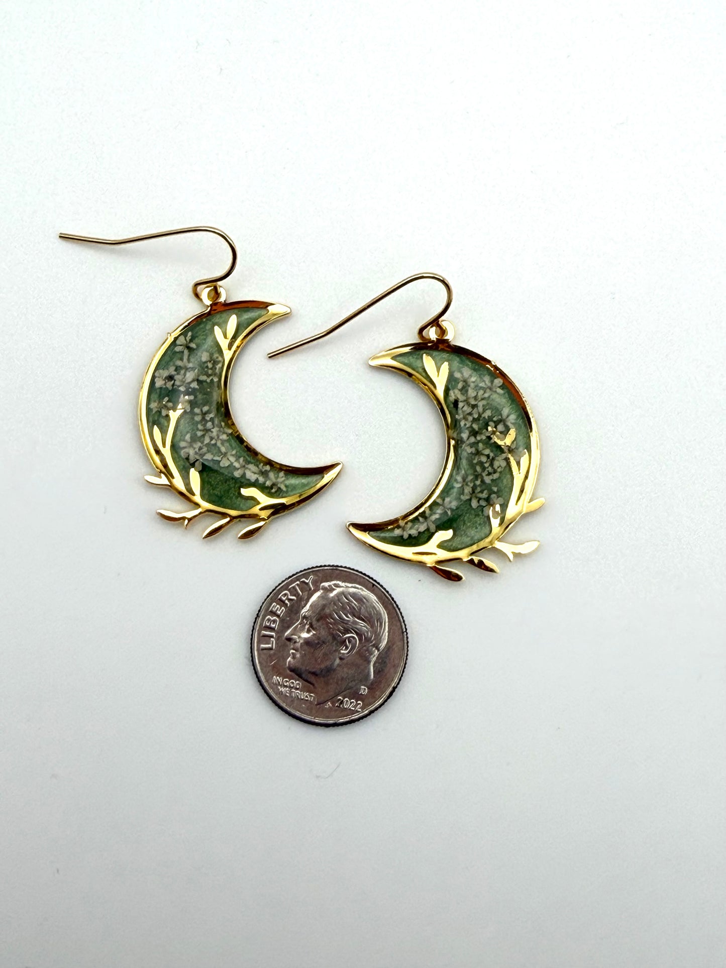 Gold Plated Crescent Moons filled with Aquamarine Green Mica Powder and Queen Anne’s Lace