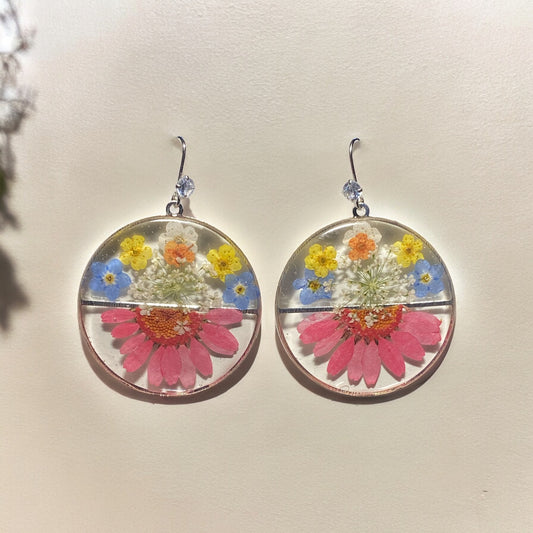 Red/Pink Daisy with Blue Forget-Me-Nots and Plum Blossoms with Queen Anne’s Lace