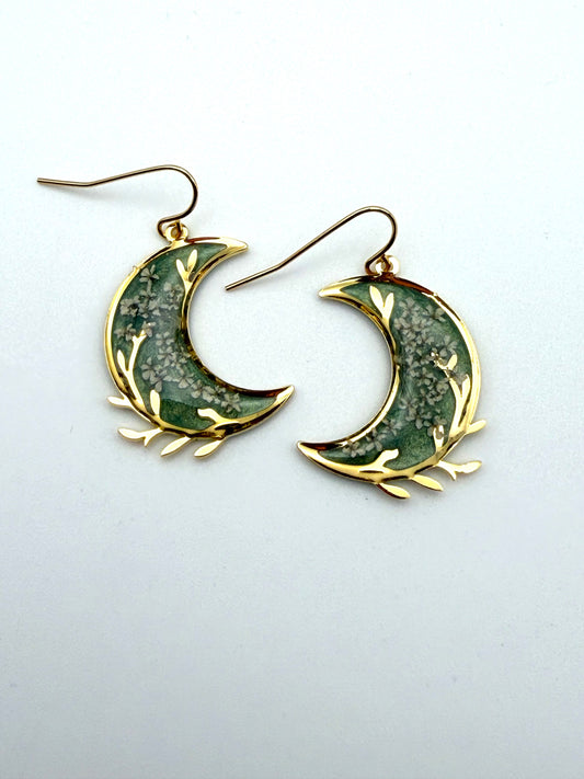 Gold Plated Crescent Moons filled with Aquamarine Green Mica Powder and Queen Anne’s Lace