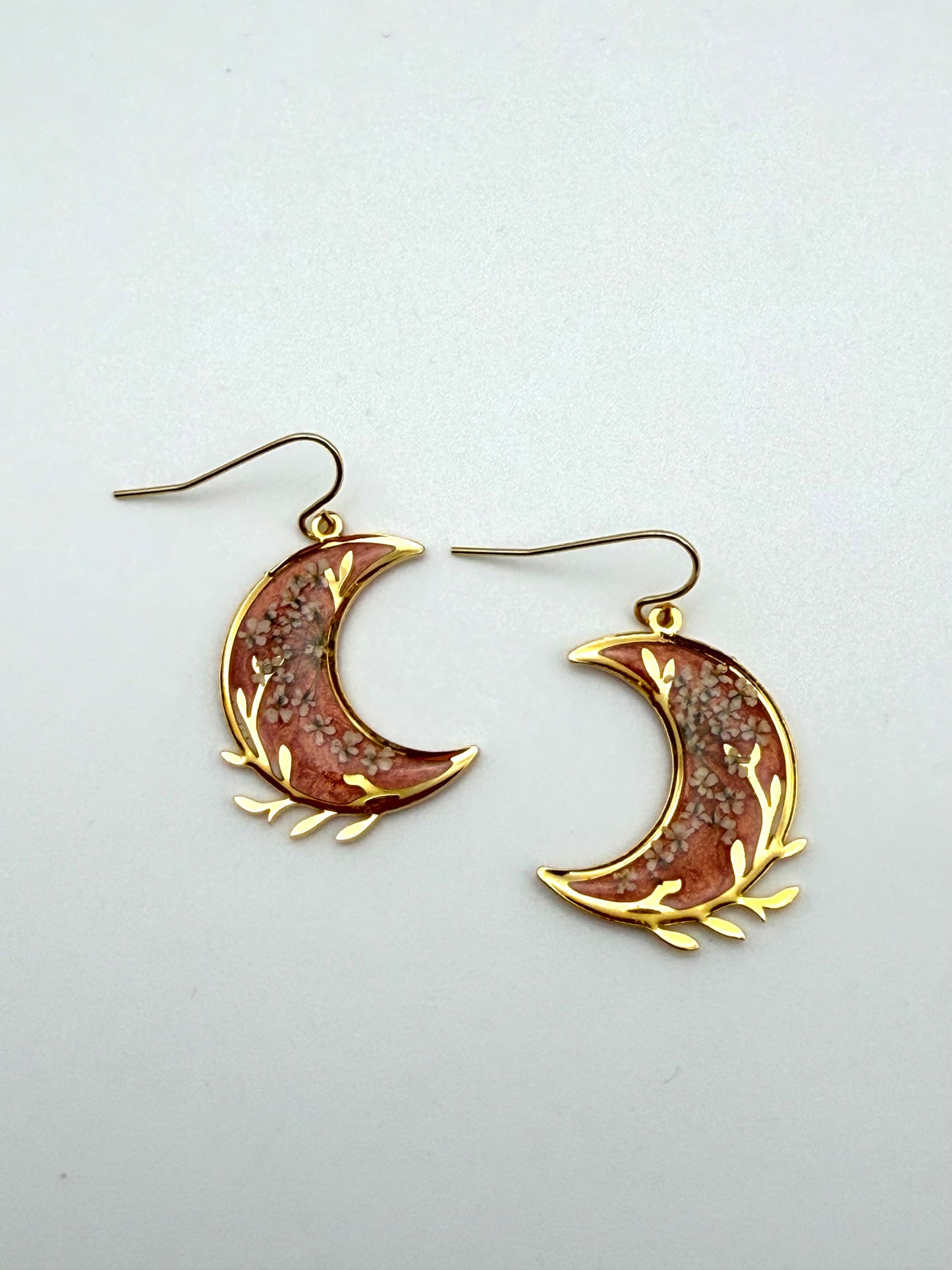 Gold Plated Crescent Moons filled with Coral Pink Mica Powder and Queen Anne’s Lace