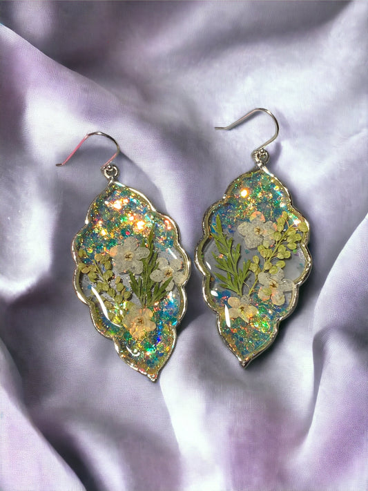 Opal Glitter with Dry Pressed Persian Garden Cress, White Forget-Me-Not’s and Dry Pressed Leaves with 925 Sterling Silver Hooks