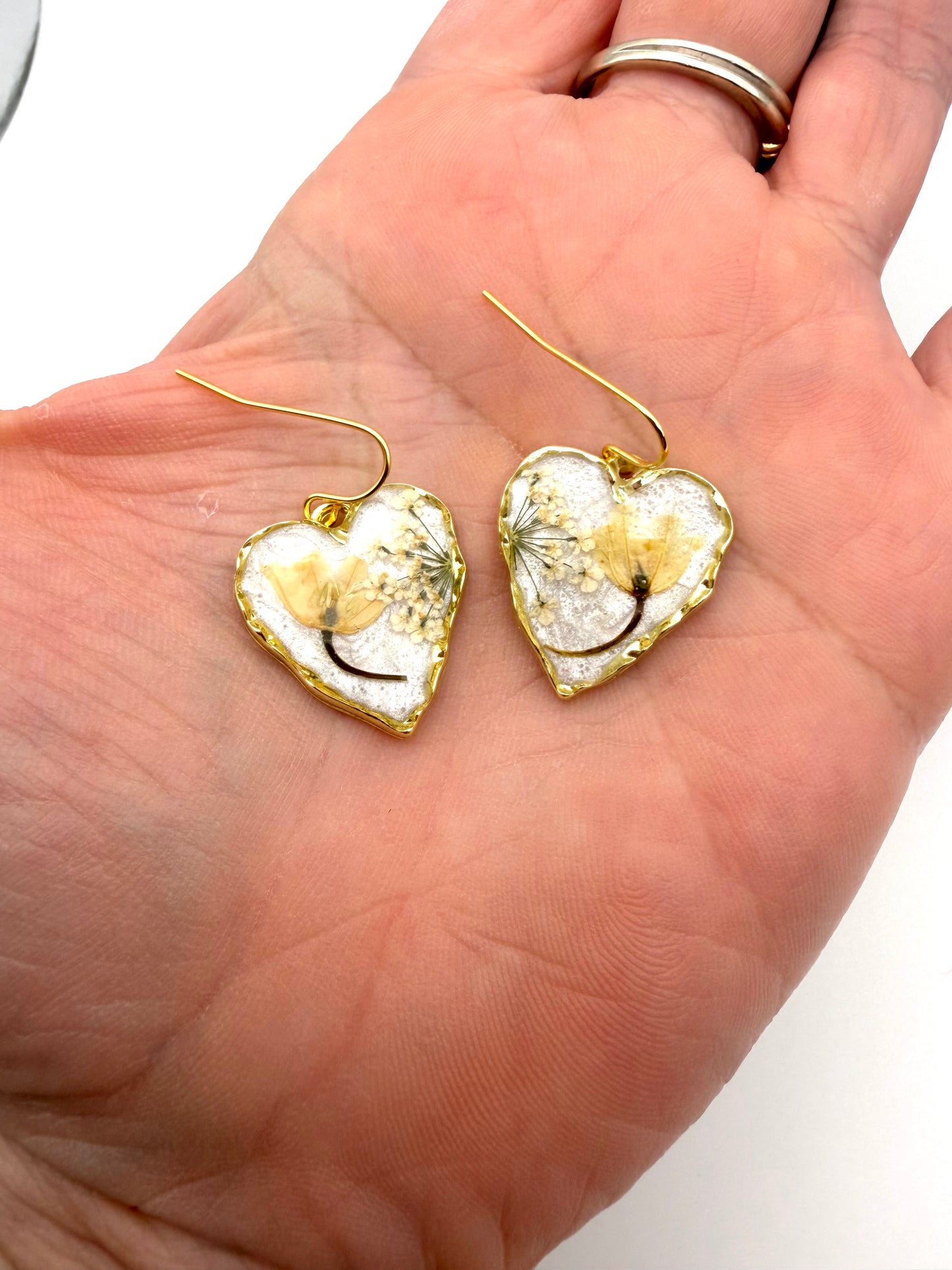Heart Shaped Earrings with Opal Colored Mica Powder, Lily of the Valley and Queen Anne’s Lace