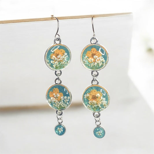 Teal Colored Mica Powder Dangle Earrings with Orange Plum Blossoms and Queen Anne’s Lace