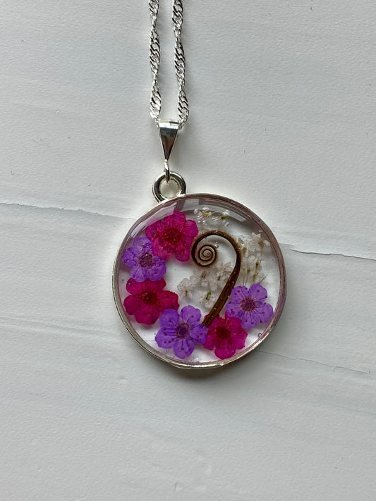 Hot Pink and Purple Plum Blossom Flowers with White  Queen Anne’s Lace Necklace