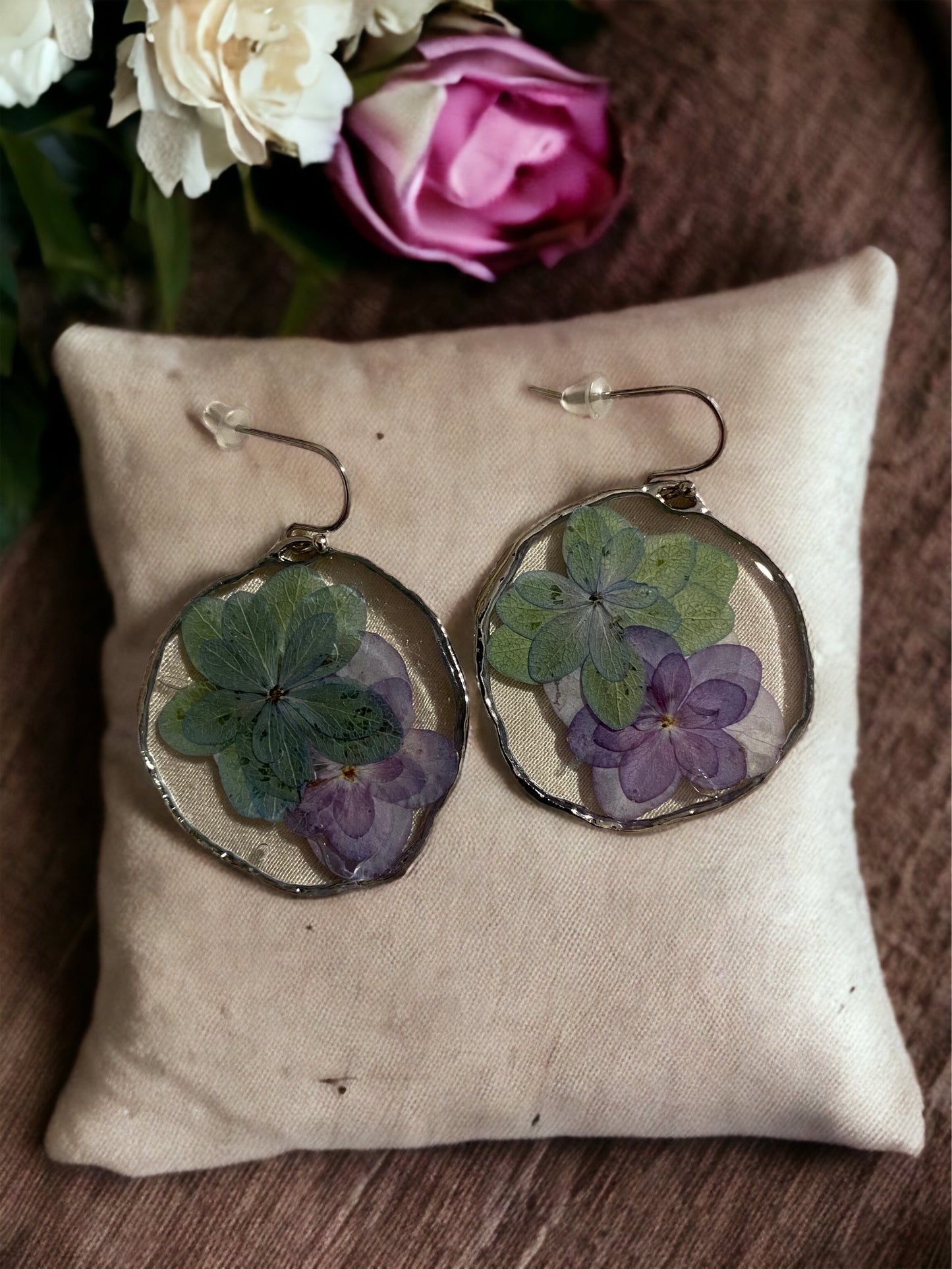 Green and Purple Double Petal Hydrangea Earrings