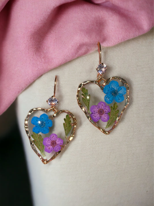 Purple and Blue Plum Blossom Flowers with Dry Pressed Fern Earrings