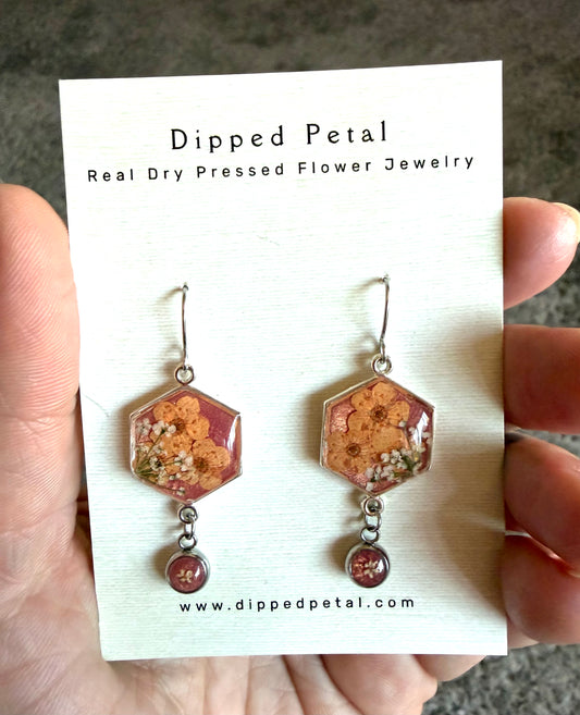 Coral Pink Colored Mica Powder (Single) Dangle Earrings with Orange Plum Blossoms and Queen Anne’s Lace