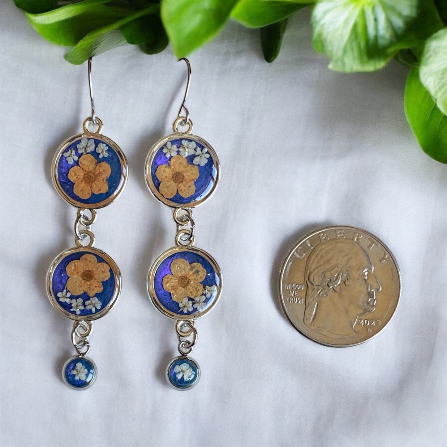 Orange Plum Blossoms with Blue Mica Powder and Pieces of Queen Anne’s Lace Dangle Earrings
