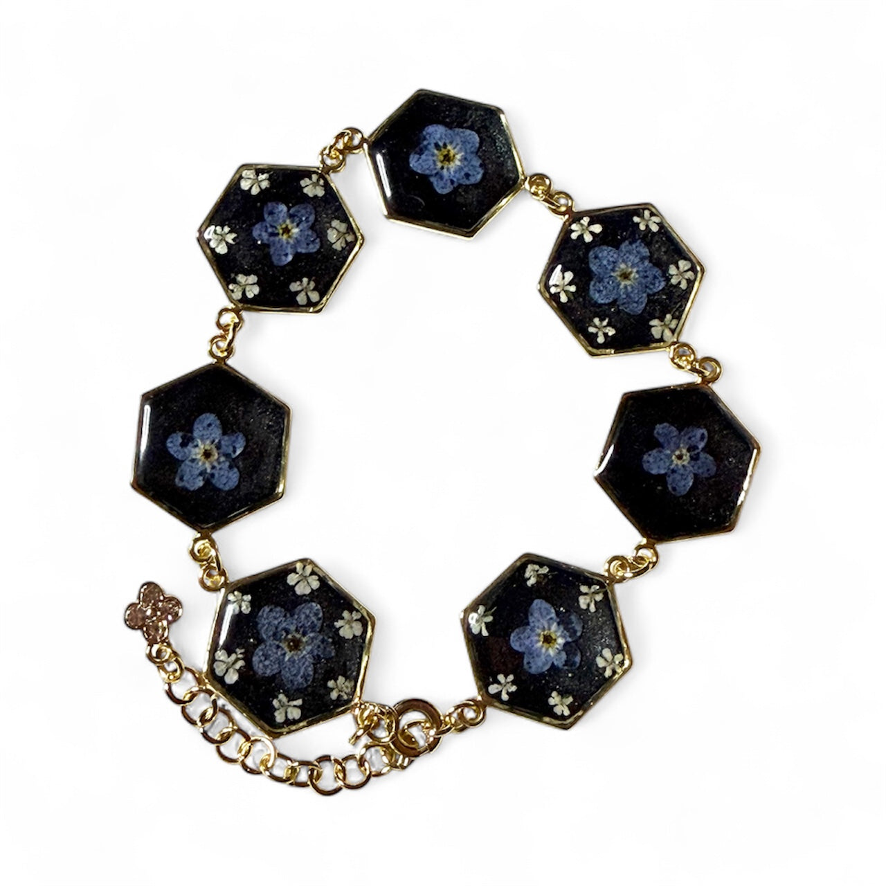 Gold Colored Bracelet with Forget-Me-Nots and pieces of Queen Anne’s Lace
