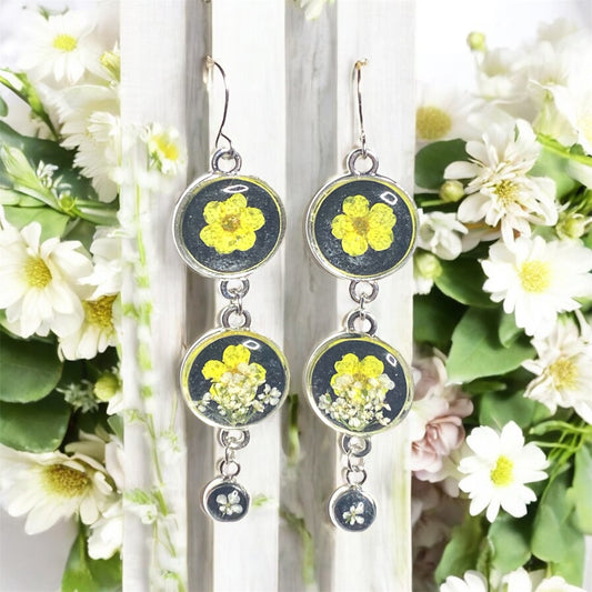 Black Colored Mica Powder Dangle Earrings with Yellow Plum Blossoms and Queen Anne’s Lace