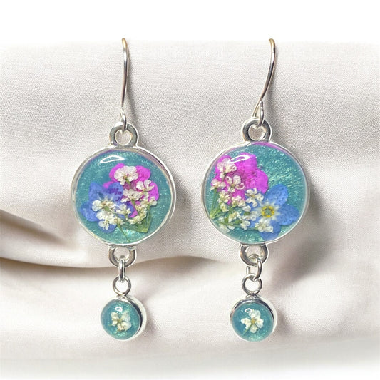 Teal Colored Mica Powder (Single) Dangle Earrings with Blue Forget-Me-Nots and Pink Plum Blossoms with Queen Anne’s Lace