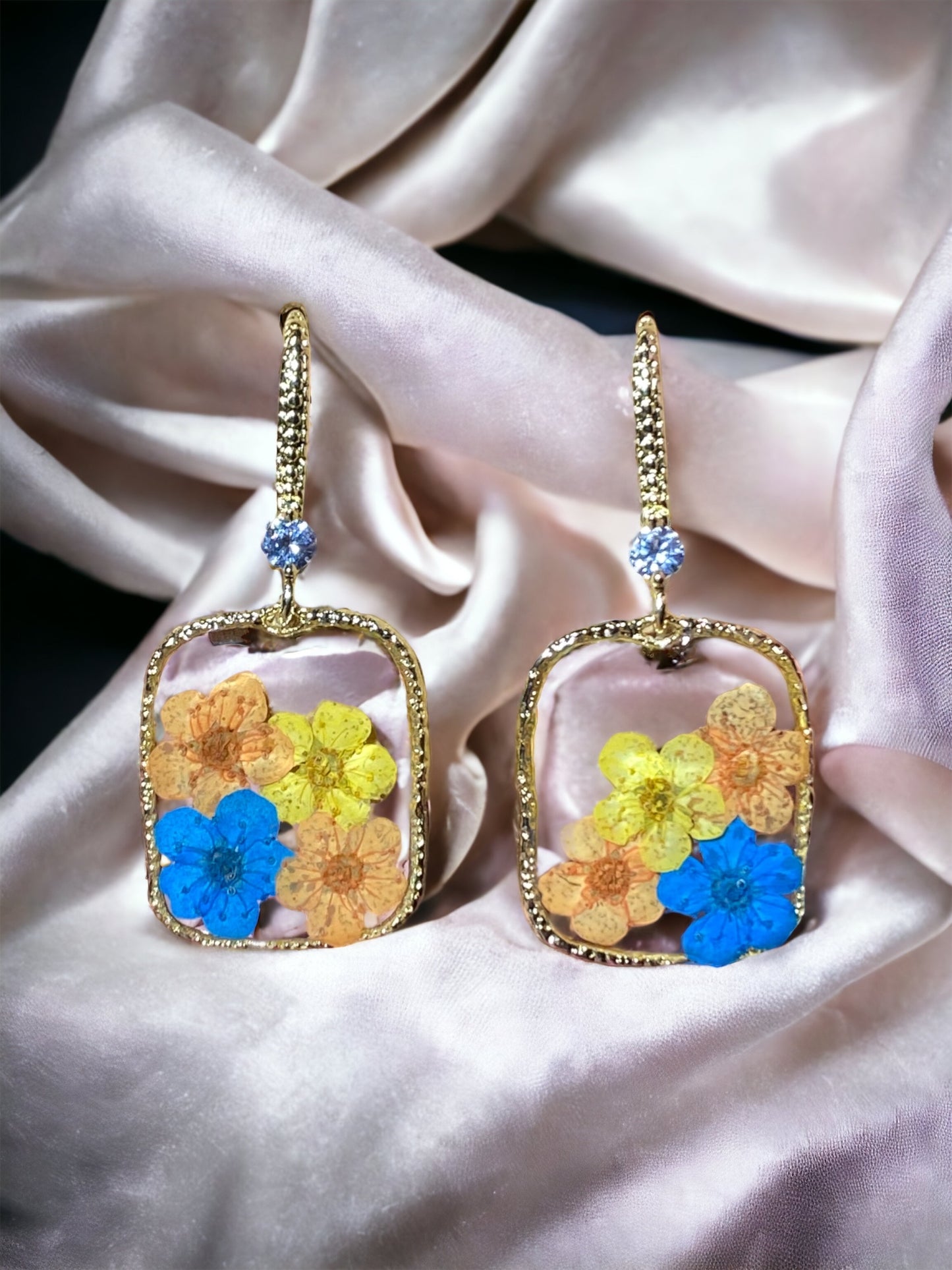 Orange, Yellow and Blue Plum Blossom Flower Earrings