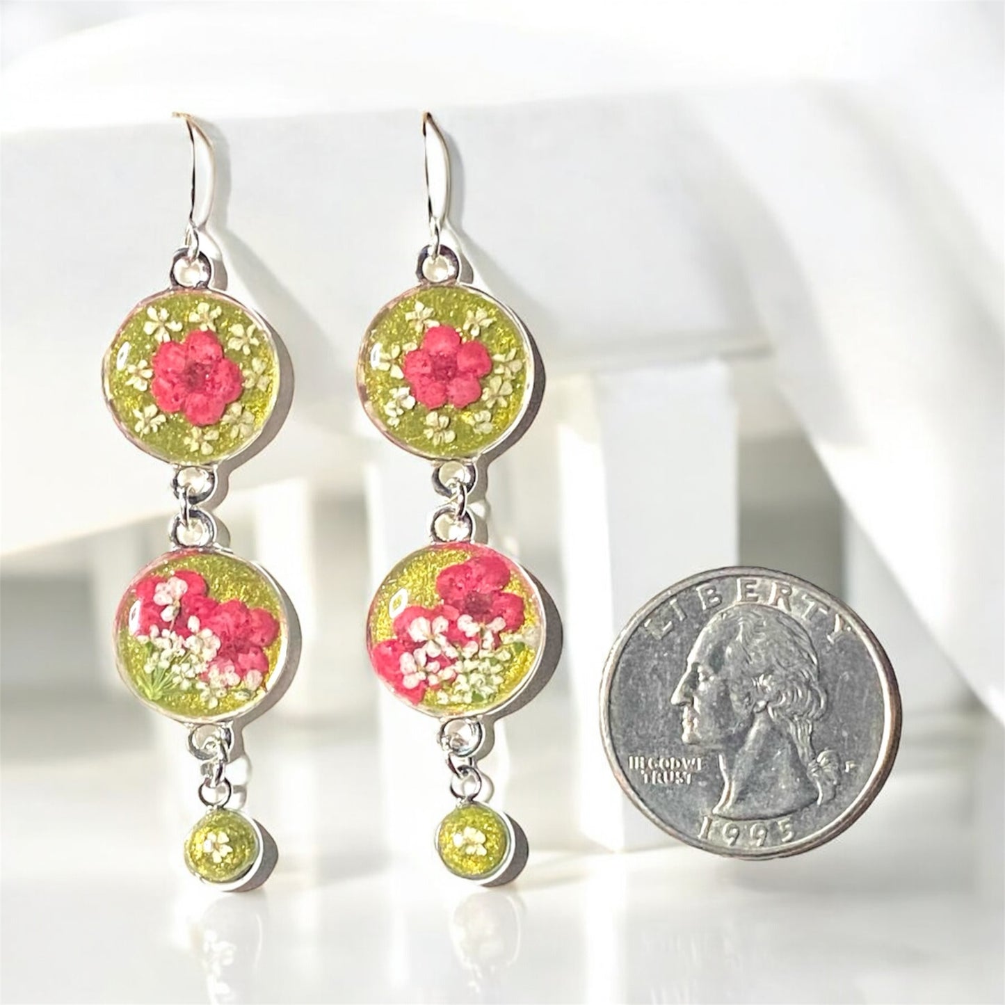 Groovy Green Colored Mica Powder Dangle Earrings with Red Plum Blossoms and Queen Anne’s Lace