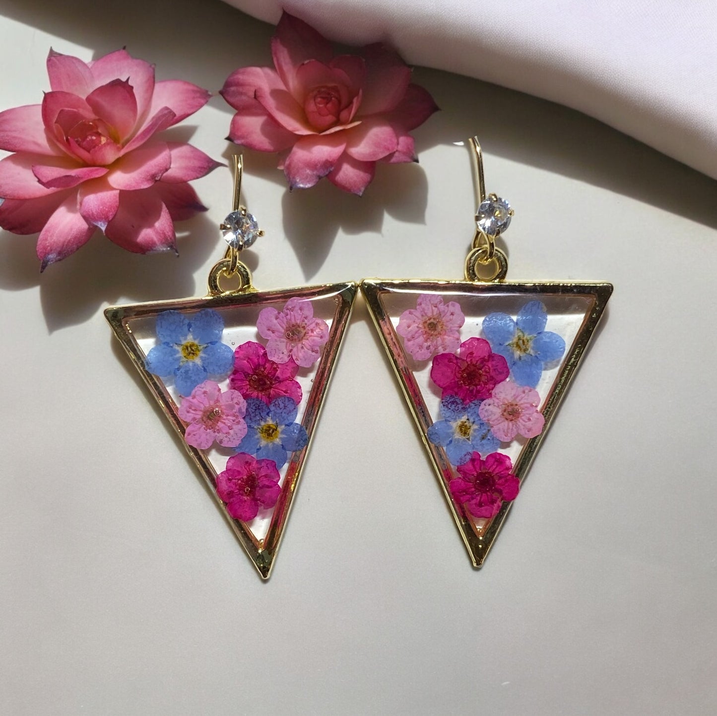 Light and Hot Pink Plum Blossom Flowers with Blue Forget-Me-Not Earrings