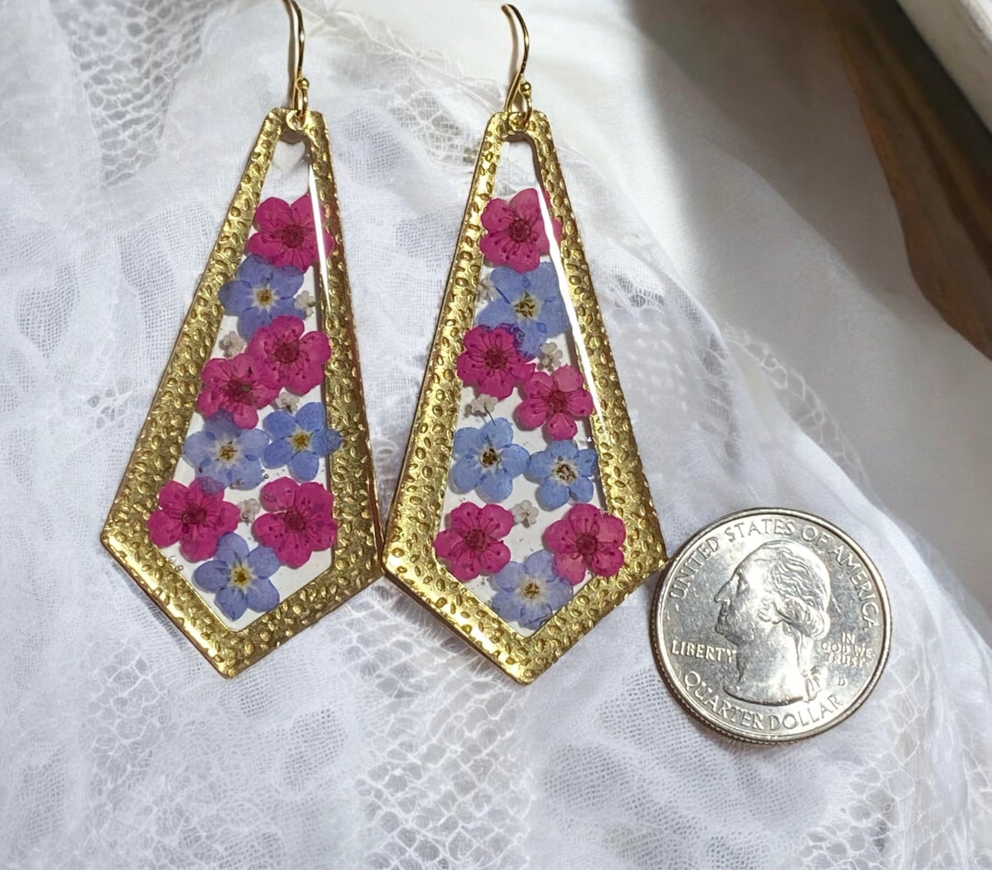 Pink Plum Blossoms, Blue Forget-Me-Nots with pieces of Queen Anne’s Lace