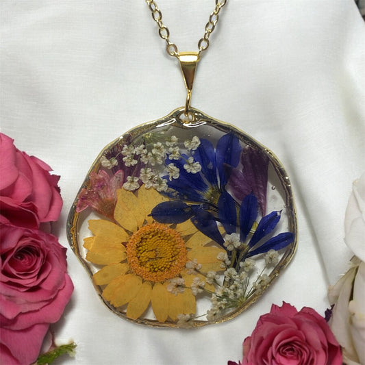 Yellow/Orange Daisy, Blue Fairy Fan, Purple and Pink Wild Flowers with Queen Anne’s Lace