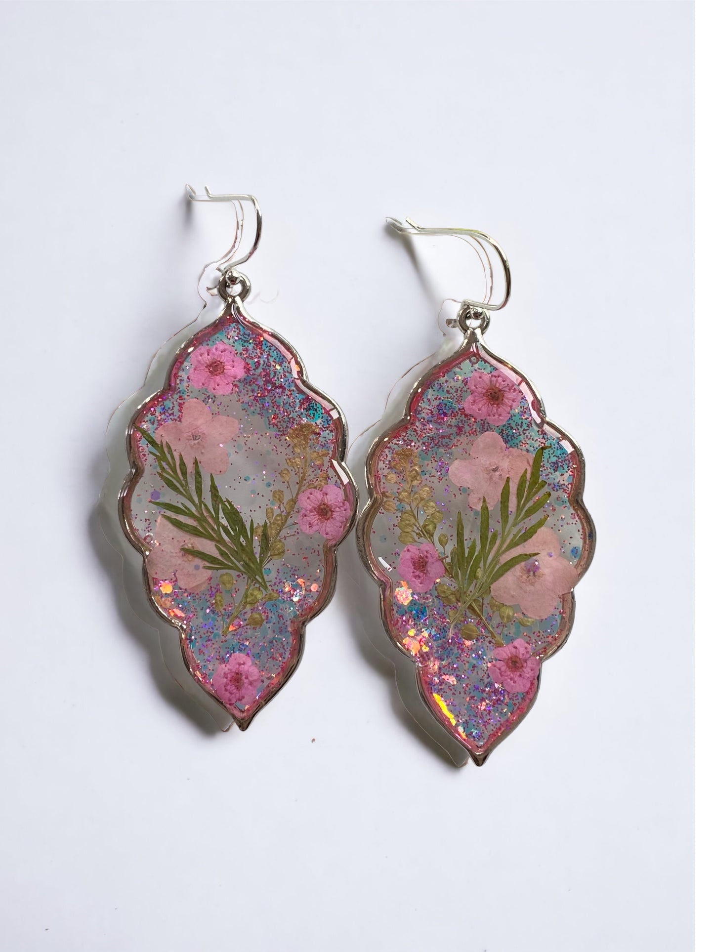 Pink Glitter with Dry Pressed Persian Garden Cress, Pink Forget-Me-Not’s, Pink Plum Blossom Flowers and Dry Pressed Leaves with 925 Sterling Silver Hooks
