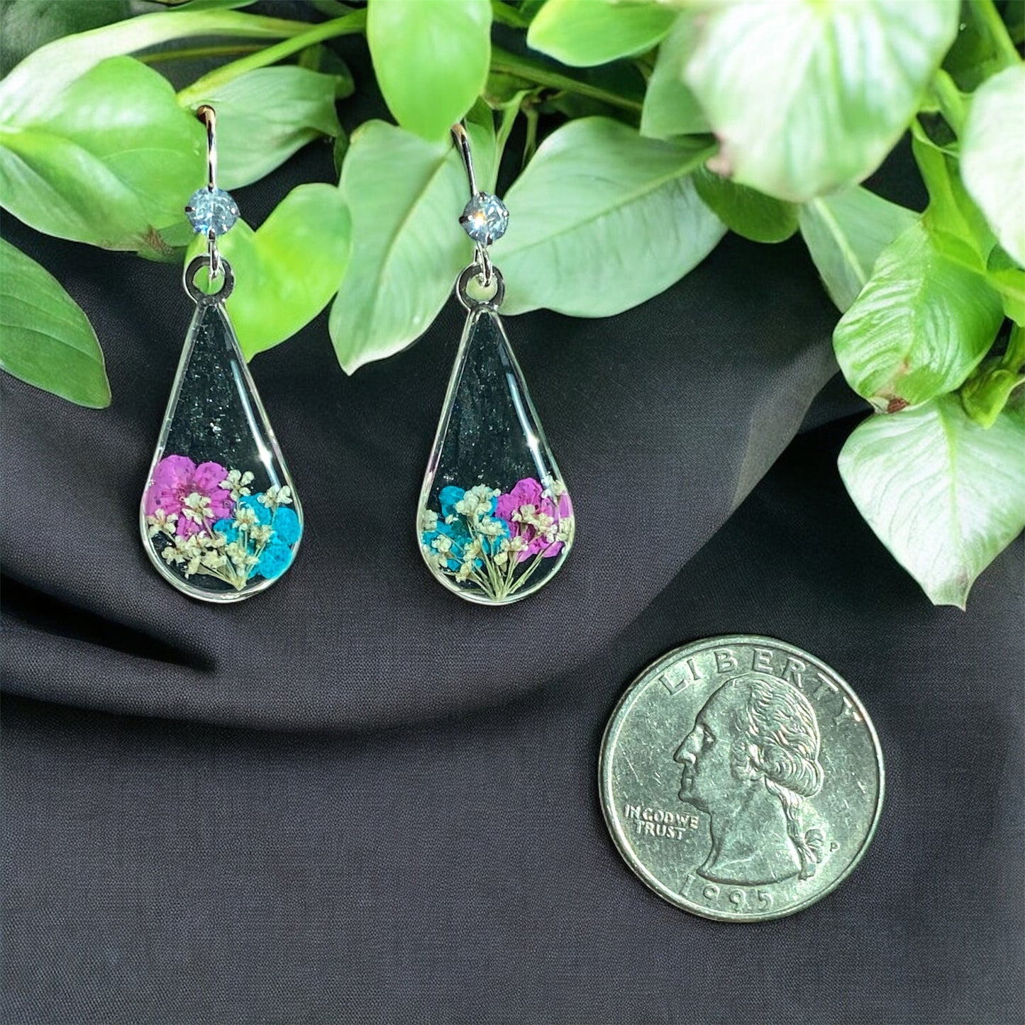 Black Colored Mica Powder with  Pink and Blue Plum Blossoms, and Pieces of Queen Anne’s Lace