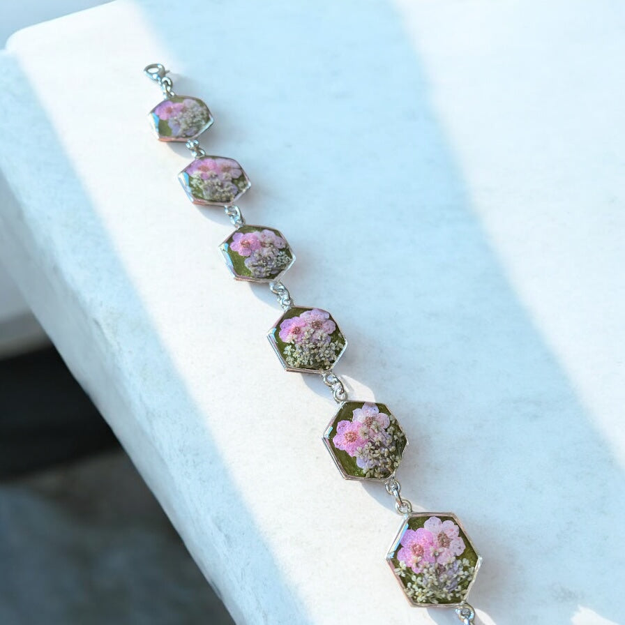 Groovy Green Mica Powder with Pink Plum Blossoms and pieces of Queens Anne’s Lace