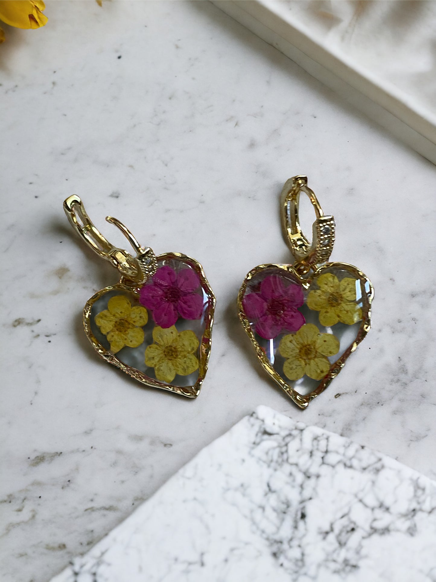 Hot Pink and Yellow Plum Blossom Flower Earrings