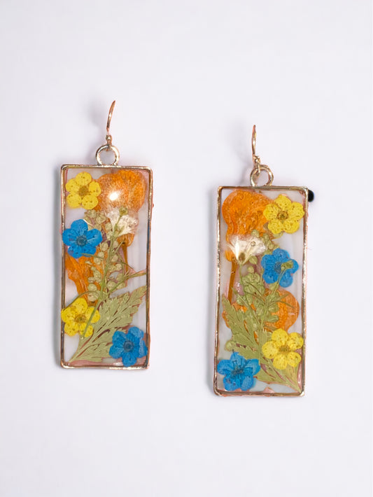 Orange Rapeseed with Orange, Yellow and Blue Plum Blossoms and Dry Pressed Persian Garden Cress Earrings