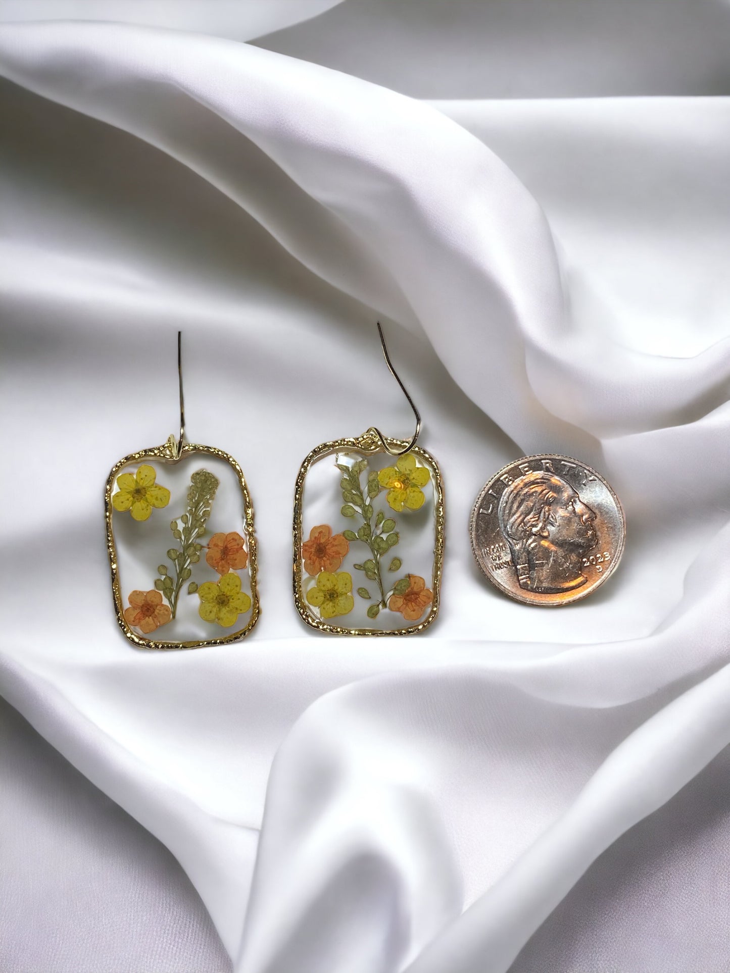 Orange and Yellow Plum Blossom Flowers with Persian Garden Cress Earrings