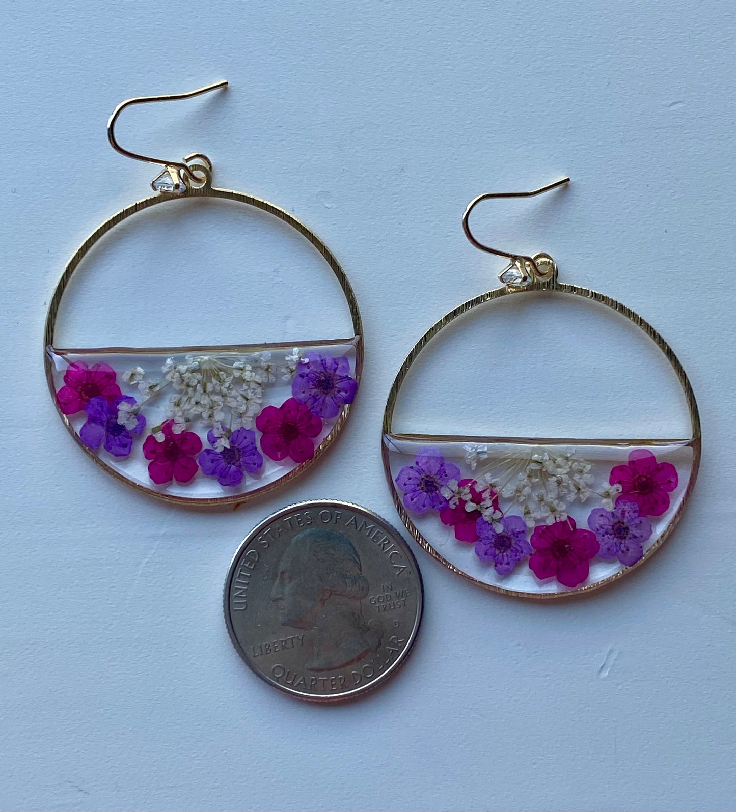 Hot Pink, and Purple Plum Blossom Flowers with White Queen Anne’s Lace Earrings