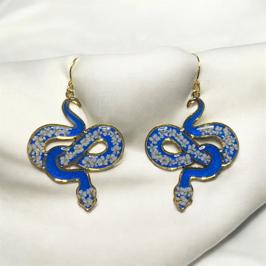Blue 24 kt Gold Plated Snake Bezel Earrings