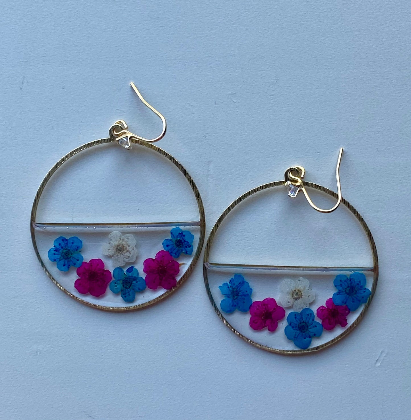 Blue, Hot Pink and White Plum Blossom Flower Earrings