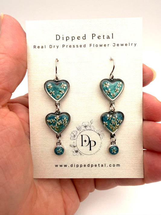 Heart Shaped Stainless Steel Dangle Earrings - Teal Colored