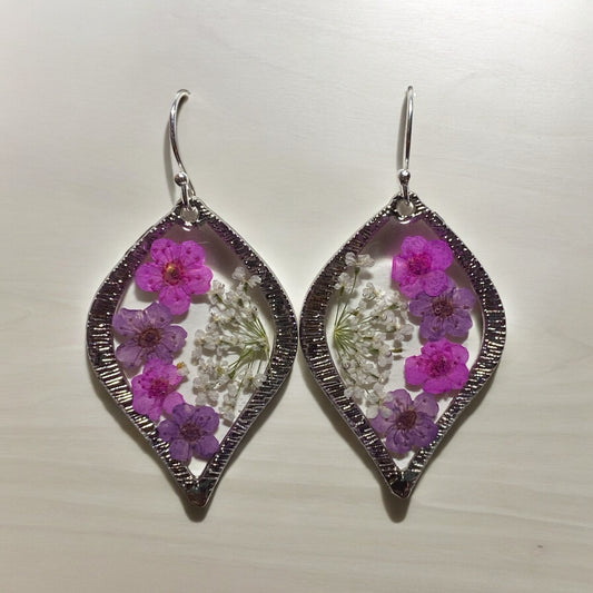 Pink and Purple Plum Blossom Flowers with Queen Anne’s Lace Earrings