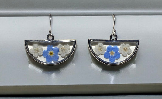Blue Forget-Me-Not Flowers with White Plum Blossom Flower Earrings